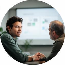 London startup founder speaking with an adviser beside a presentation screen